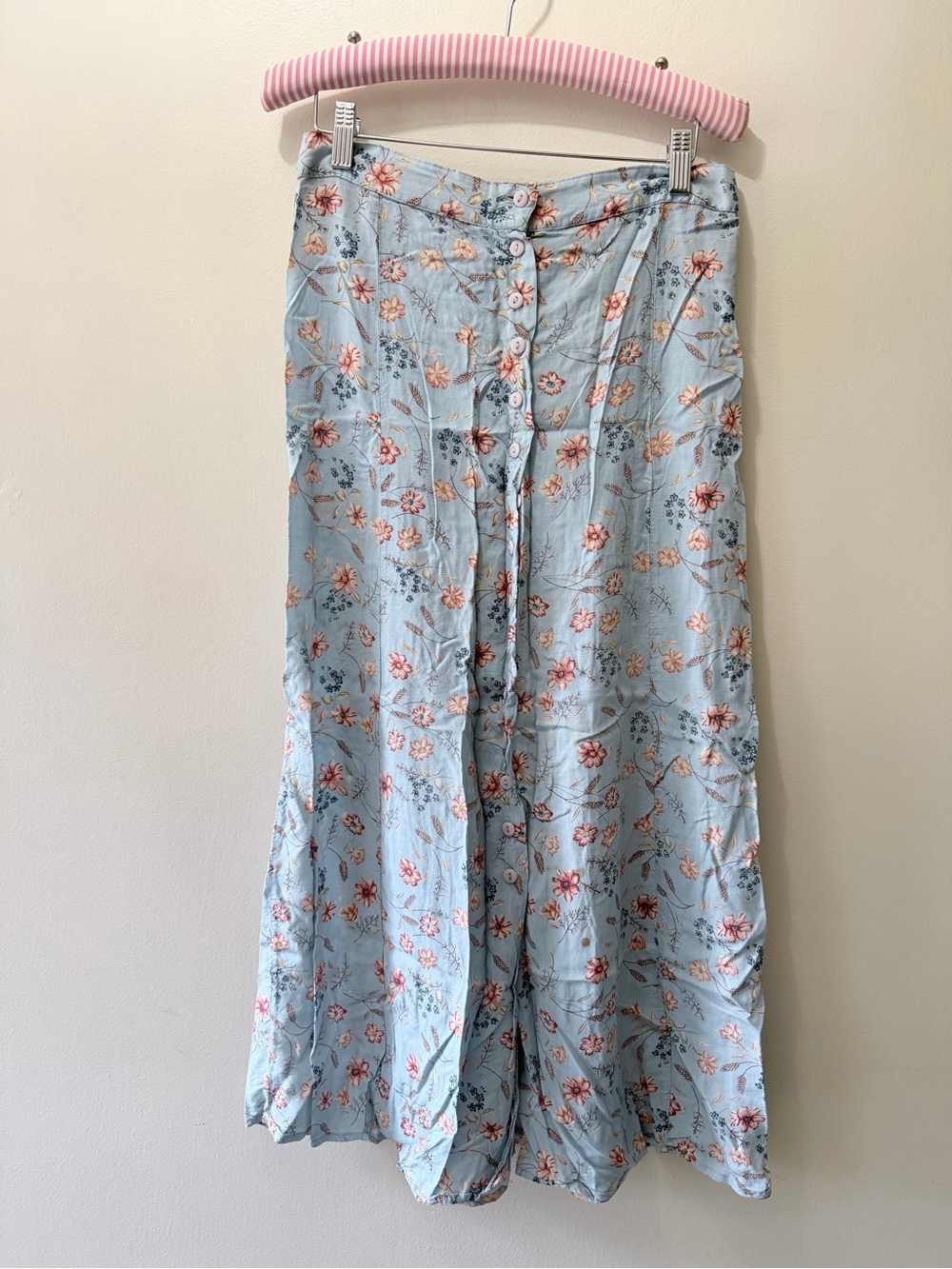 Vintage Baby Blue Floral Pastel Button Down Maxi Skirt Whimsical Cottage Boho L